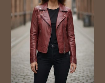 Women’s Red Distressed Leather Biker Jacket – Sheepskin Moto Jacket with Zipper Details