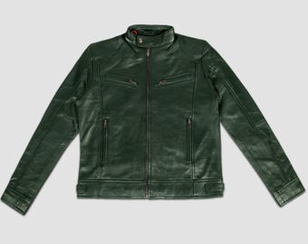 Men Green Leather Biker Jacket – Green Genuine Leather Biker Outerwear with Front Zipper, Vintage Motorcycle Fashion Statement