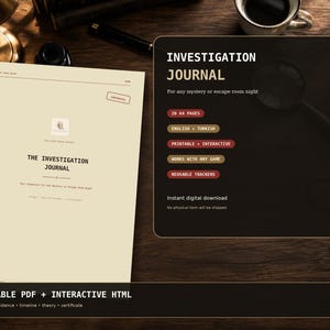 May include: A digital investigation journal document with a cream-colored cover featuring the text THE INVESTIGATION JOURNAL. A dark brown information panel lists features including 20 A4 pages, English and Turkish language options, and printable interactive files.