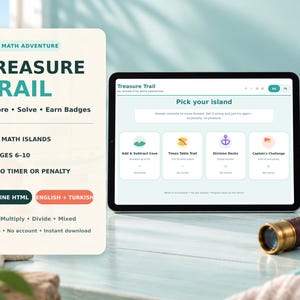 May include: A digital tablet displaying the Treasure Trail interactive maths adventure interface with four island options: Add & Subtract Cove, Times Table Trail, Division Docks, and Captain's Challenge, alongside a text panel detailing game features.