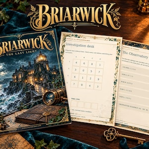 May include: A Briarwick The Last Light game set featuring a book with a coastal mansion illustration, a brass telescope, and a closed book with a wax seal. Includes an investigation desk grid sheet and an Observatory Index page with text.