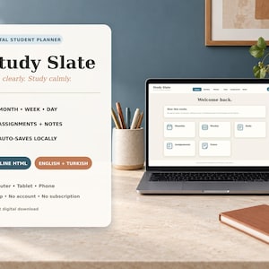 Może przedstawiać: Cyfrowy planer studencki o nazwie Study Slate wyświetlony na ekranie laptopa oraz na pionowej karcie informacyjnej. Karta wymienia funkcje takie jak miesiąc, tydzień, dzień, zadania, notatki, lokalny zapis oraz opcje językowe angielski i turecki.