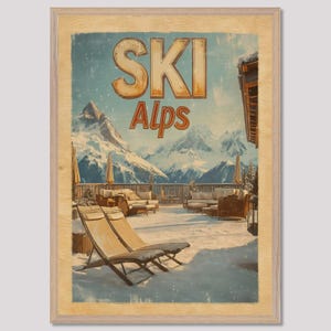 Ski Alps Retreat – Vintage Winter Travel Poster, Alpine Mountain Wall Art, Cozy Ski Resort Decor