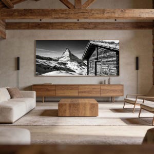 Matterhorn Wall Art, Swiss Alps Chalet, Black and White Mountain Print, Alu Dibond Panel