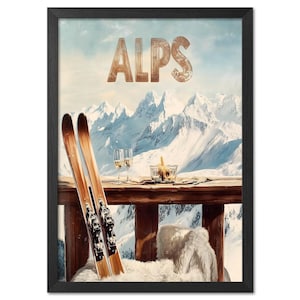 Poster dello chalet sciistico sulle Alpi svizzere: cornice in legno, decorazione invernale da montagna