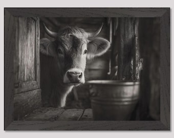 Puede incluir: Fotografía enmarcada en blanco y negro de una vaca en un establo. La vaca mira directamente al espectador, con la cabeza y los hombros visibles. Un cubo de metal está en el fondo.