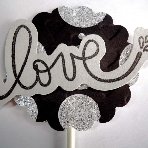 Love Love Love, Cupcake Toppers, Set of 12 in Black White and Glitter Silver