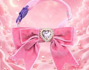 Pretty Pink Princess Sparkle Bow Cat Collar – Velvet Glitter & Rhinestone Heart Gem