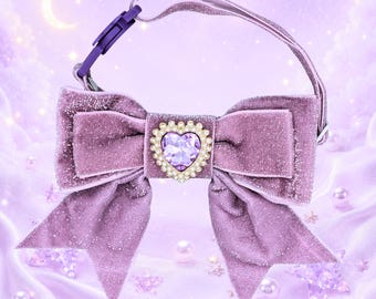 Soft Purple Princess Sparkle Bow Cat Collar – Velvet Glitter & Rhinestone Heart Gem