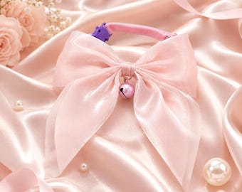 Darling Pink Satin Bow Cat Collar – Oversized Bow, Bell Charm, Breakaway Safety Buckle