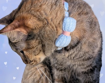 Blue Knit Bow Polka Dot Cat Collar – Soft Breakaway Safety Collar