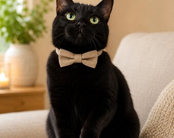 Tan Hemp Cotton Cat Collar with Bowtie and bell