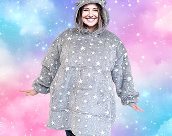 Grey Glow-in-dark Star Cat Ear Oversized Hoodie Blanket
