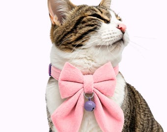 Pink Velvet Sailor Bow Cat Collar with Purple Bell, Breakaway Buckle, Adjustable