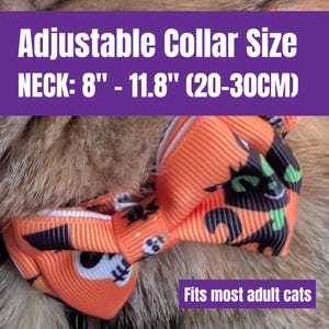May include: An orange cat collar with a bow tie featuring a Halloween-themed design. The collar is adjustable, fitting necks 8"-11.8" (20-30CM). The text "Fits most adult cats" is also visible.