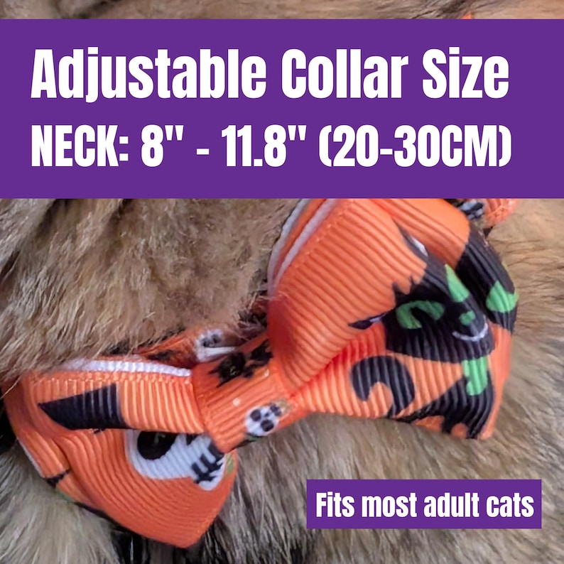 May include: An orange cat collar with a bow tie featuring a Halloween-themed design. The collar is adjustable, fitting necks 8"-11.8" (20-30CM). The text "Fits most adult cats" is also visible.
