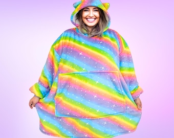 Rainbow Star Cat Ear Oversized Hoodie Blanket