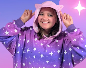 Extended Length Cat Ear Hoodie – Purple Pink Ombre Fleece Sweatshirt (OEKO-TEX Certified, skin safe)