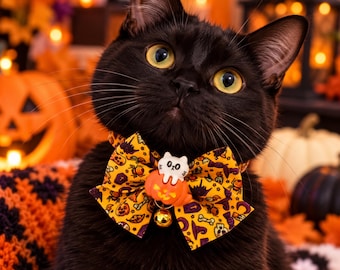 Halloween Cat Collar with Bow and Bell - Adjustable for Most Cats and Small Dogs
