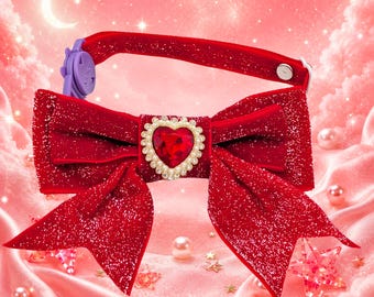 Royal Red Princess Sparkle Bow Cat Collar – Velvet Glitter & Rhinestone Heart Gem