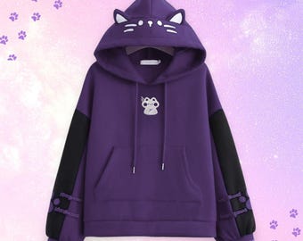 Purple Cat Ear Hoodie with 3D Ears, Paw Sleeve Patches — Kawaii Gift