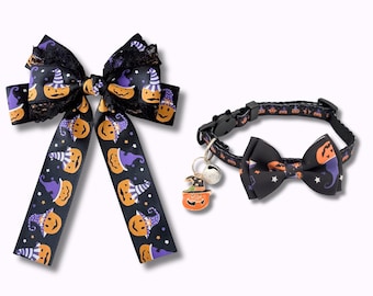 Halloween Cat Collar & Hair Bow Set, Matching Pet Costume with Bell Charm