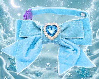 Dreamy Blue Princess Sparkle Bow Cat Collar – Velvet Glitter & Rhinestone Heart Gem