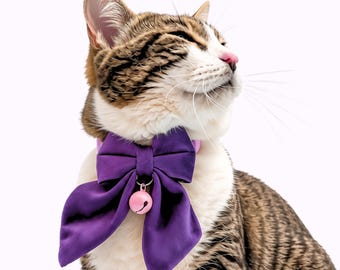 Purple Velvet Sailor Bow Cat Collar with Pink Bell, Breakaway Buckle, Adjustable