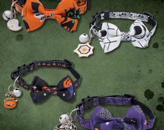 ハロウィン猫用首輪：安全バックル、不気味なチャーム、蝶ネクタイ付き