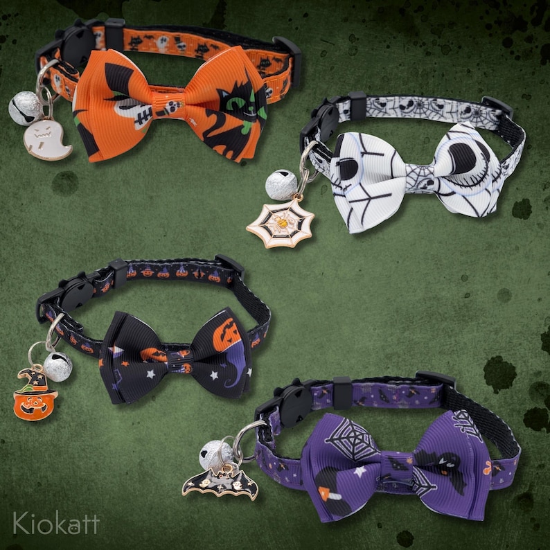 May include: Four Halloween-themed cat collars with bowties and charms. The collars feature orange, black, white, and purple patterns with Halloween icons like cats, pumpkins, bats, and spiderwebs. Each collar has a bell and a charm.