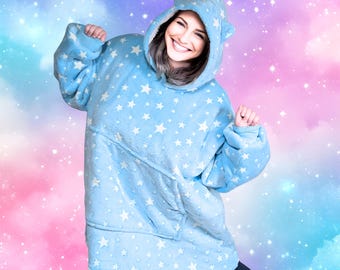 Blue Glow-in-dark Star Cat Ear Oversized Hoodie Blanket