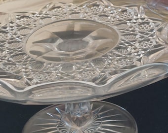 1910s EAPG McKee Cake Stand 8" Cane Button Pressed Glass Scalloped