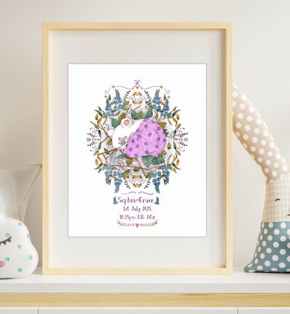 Mouselet Meadow • Personalised Birth Flower Baby Print • Custom