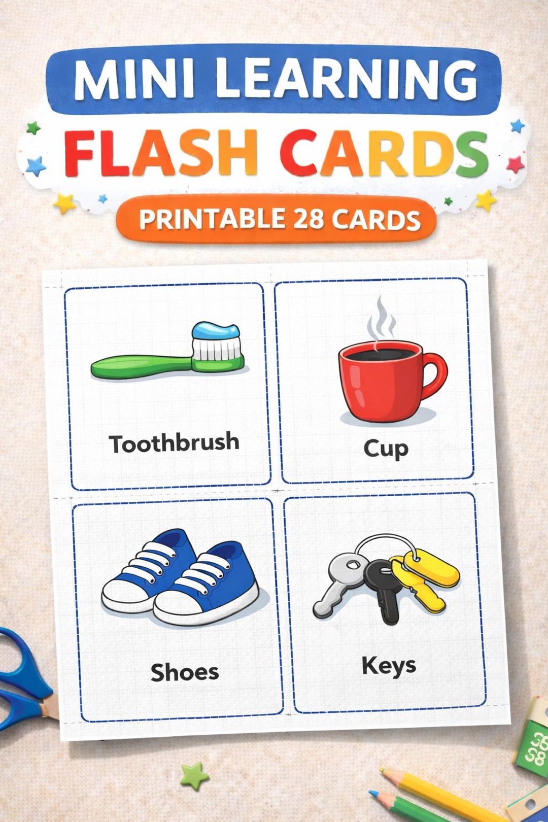 Mini Learning Flash Cards Printable | 28 Toddler Flashcards | Kids ...