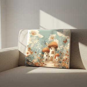 Whimsical Mushroom House Canvas: Cottagecore Fairy Tale Forest Art