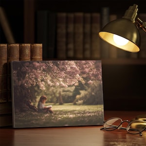 Cherry Blossom Girl Reading Canvas Print: Whimsical Pastel Spring Decor