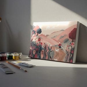 Whimsical Countryside DIY Crafts Print with Child and Dog, Floral Nature Paint by Numbers for Nursery Storybook Pastel Landscape, unique