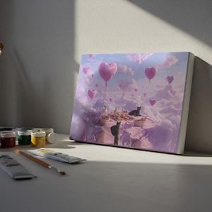 Whimsical Pink Cloud Picnic Canvas Painting • Cute Cat & Bunny Fantasy DIY Crafts with Heart Balloons • Dreamy Pastel Aesthetic Home Décor