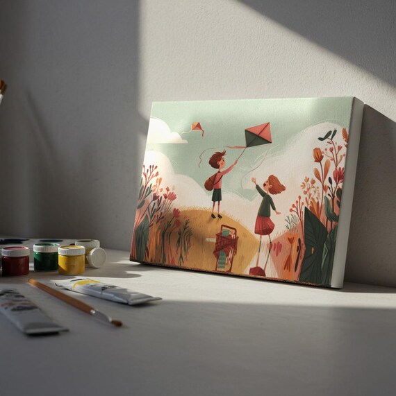 Whimsical Kids Flying Kites DIY Crafts Print, Playful Childhood