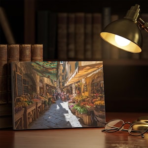Sunlit Italian Market Street DIY Crafts, Rustic Village Wall Decor with Colorful Produce and Vintage Charm, Mediterranean Travel Gift