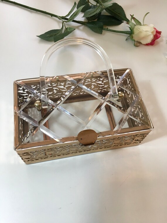 Vintage 50s Clear Lucite Brass Filigree Box Purse