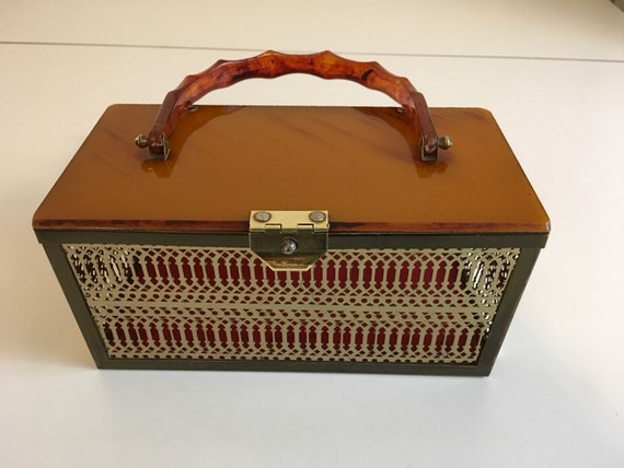Vintage 50s Amber Lucite Metal Box Purse