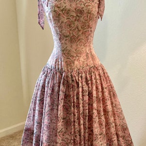 Vintage 1950s Pink Floral Chiffon Drop Waist Small