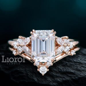 Vintage Nature Inspired Emerald Cut Lab Grown Engagement Rings, 14K Gold Rings, V shaped Chevron Wedding Band, Stacking Bridal Set for Her