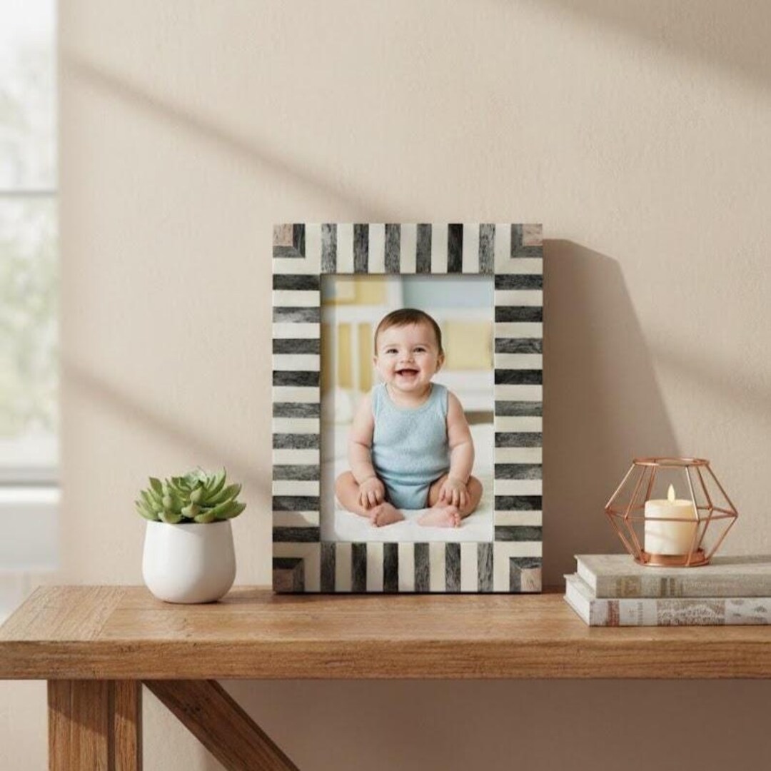 Handmade Grey Bone Inlay 4x6 Photo Frame, Neutral Striped Luxury Decor ...