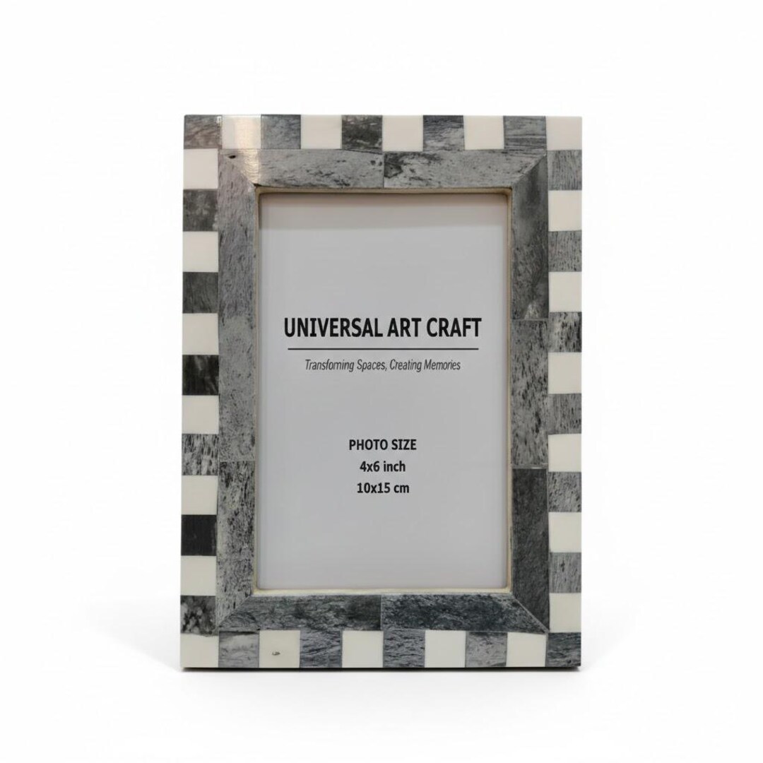 Grey & White Bone Inlay Photo Frame – Handmade Geometric Mosaic 4x6 ...