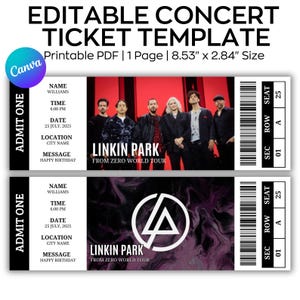Könnte beinhalten: Zwei Konzertticketvorlagen mit dem Text "EDITABLE CONCERT TICKET TEMPLATE" und "LINKIN PARK FROM ZERO WORLD TOUR". Die Tickets sind 21,67 cm x 7,21 cm groß und enthalten Felder für Name, Uhrzeit, Datum, Ort und eine Nachricht.