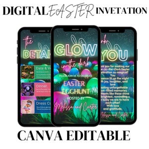 May include: Digital Easter invitation on three smartphones. The invitation features glowing text that says "Glow in the Dark Easter Egg Hunt" with colorful eggs and grass. The invitation is hosted by Melissa and Carter.