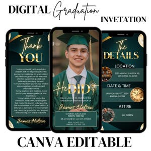 May include: Digital graduation invitation displayed on three smartphones. The design features a photo of the graduate, event details, and a thank you message. The color scheme includes green and gold accents, with the text "He Did It".