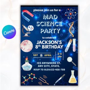 May include: A blue invitation for a Mad Science Party, featuring science-related illustrations. The text reads "Mad Science Party" and "Jackson's 8th Birthday". The date, time, and location are also included on the invitation.